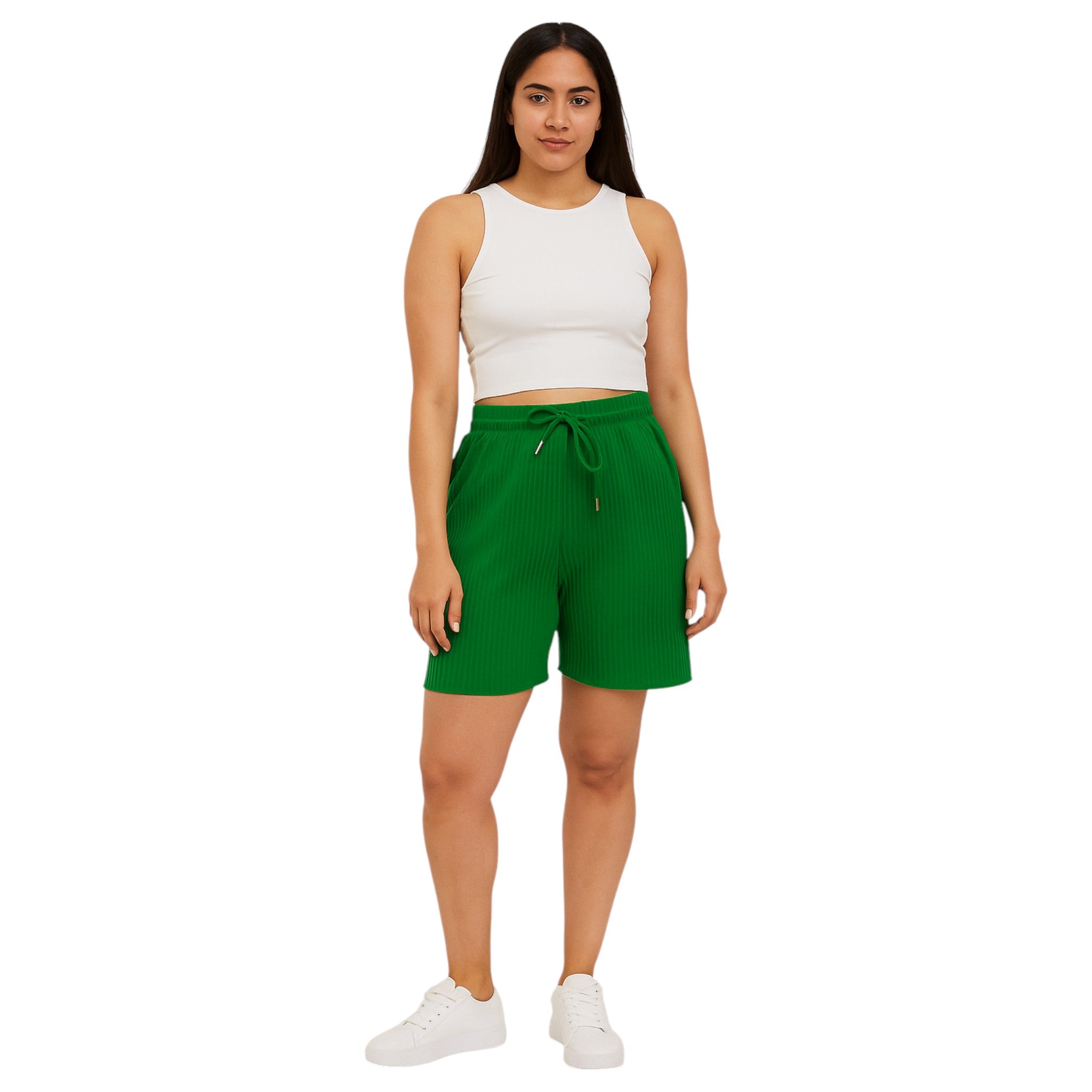 Women's pleated lounge shorts in green with drawstring waist – soft casual summer shorts